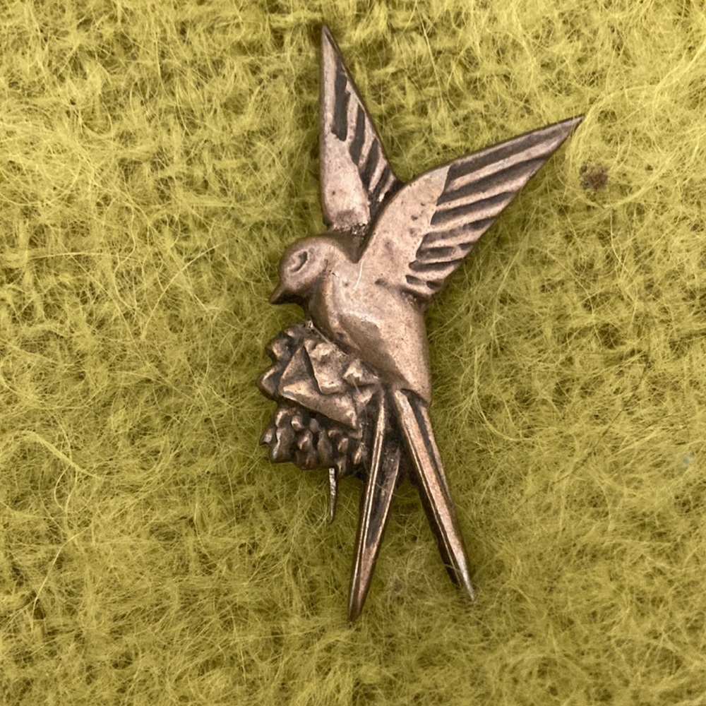 Vintage Bird Carrying Love Note Brooch; Mexico Silver Love Bird Pin